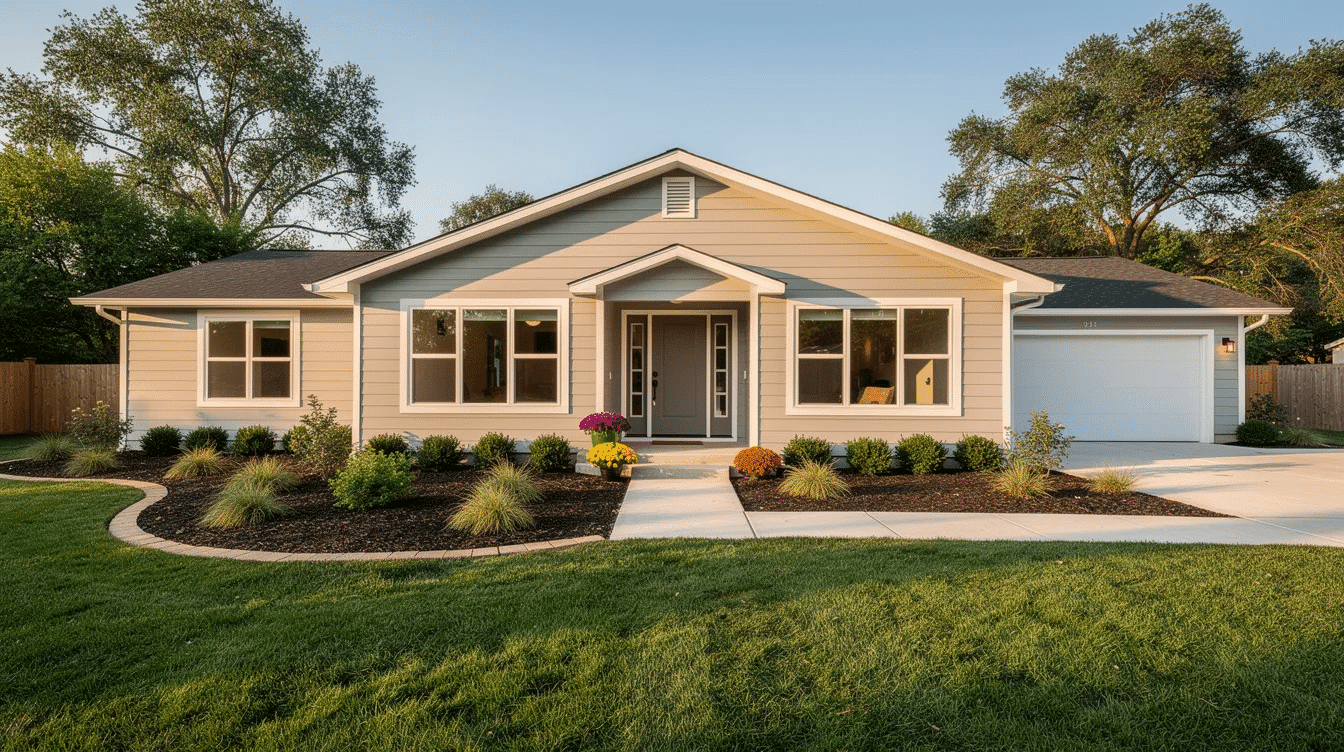 714c5b73-b6bd-4b31-9ecb-9842efc12b75 - Ranch Style Homes USA The image depicts a single-story ranch house with a freshly painted white exterior and updated front entry landscaping, enhancing its curb appeal. The modern look features clean lines and new siding, creating a welcoming entrance that invites natural light into the home.