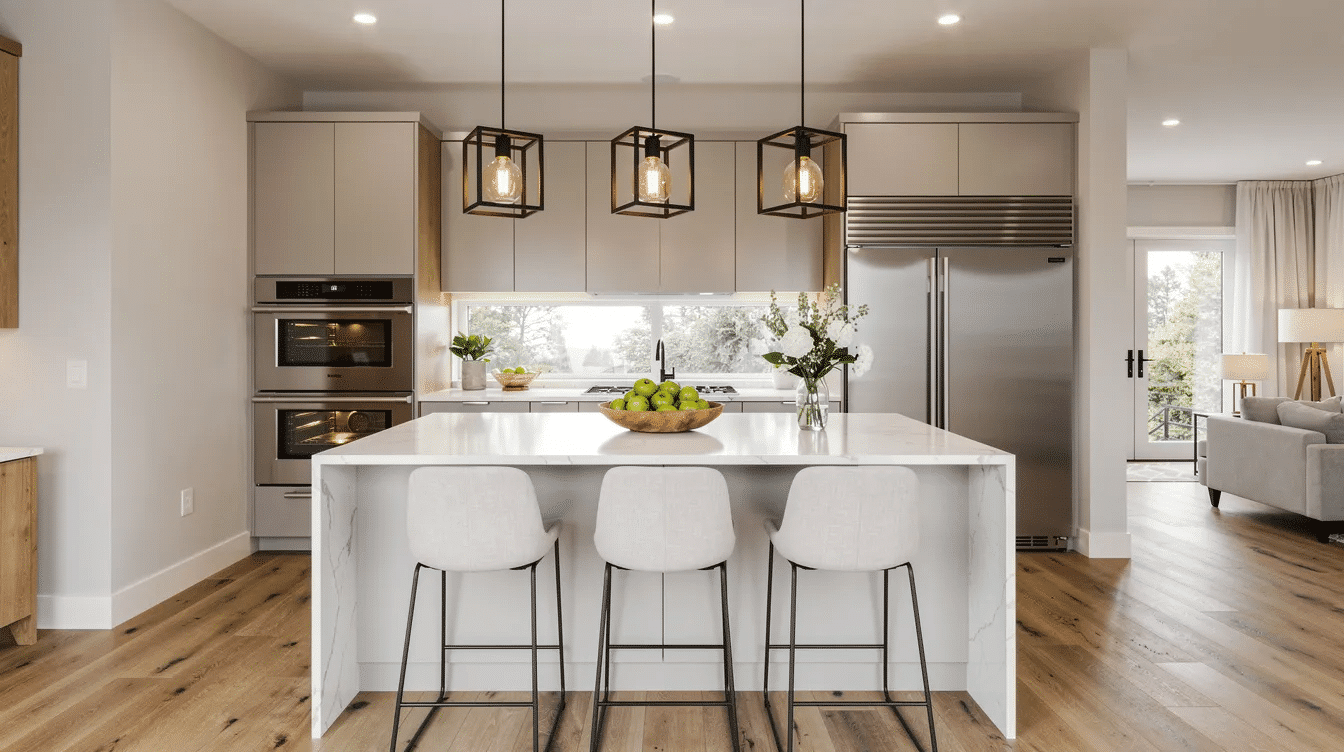 The image features a modern open concept kitchen, showcasing a large central island with stylish pendant lighting overhead. This inviting layout emphasizes the seamless flow of the space, ideal for family gatherings and culinary experiences in a contemporary house plan.