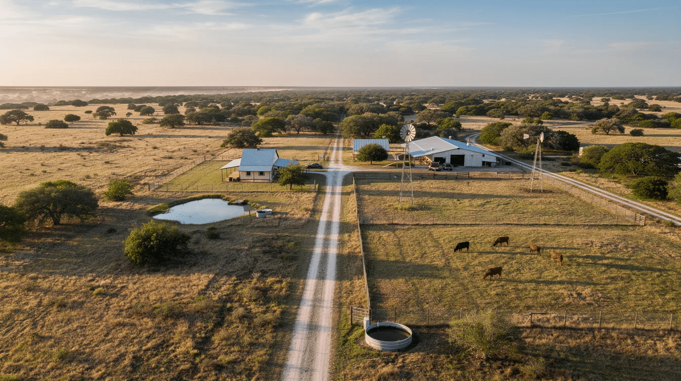 7371c9f9-9f30-4803-9bcc-adf603f99060 - Ranch Style Homes USA The image showcases a picturesque South Texas ranch, featuring sprawling land with lush greenery and grazing cattle, symbolizing the appeal of real estate listings in the region. This beautiful property, located near cities like Houston and Austin, highlights the market for ranches available for sale, offering detailed information for potential buyers and realtors.
