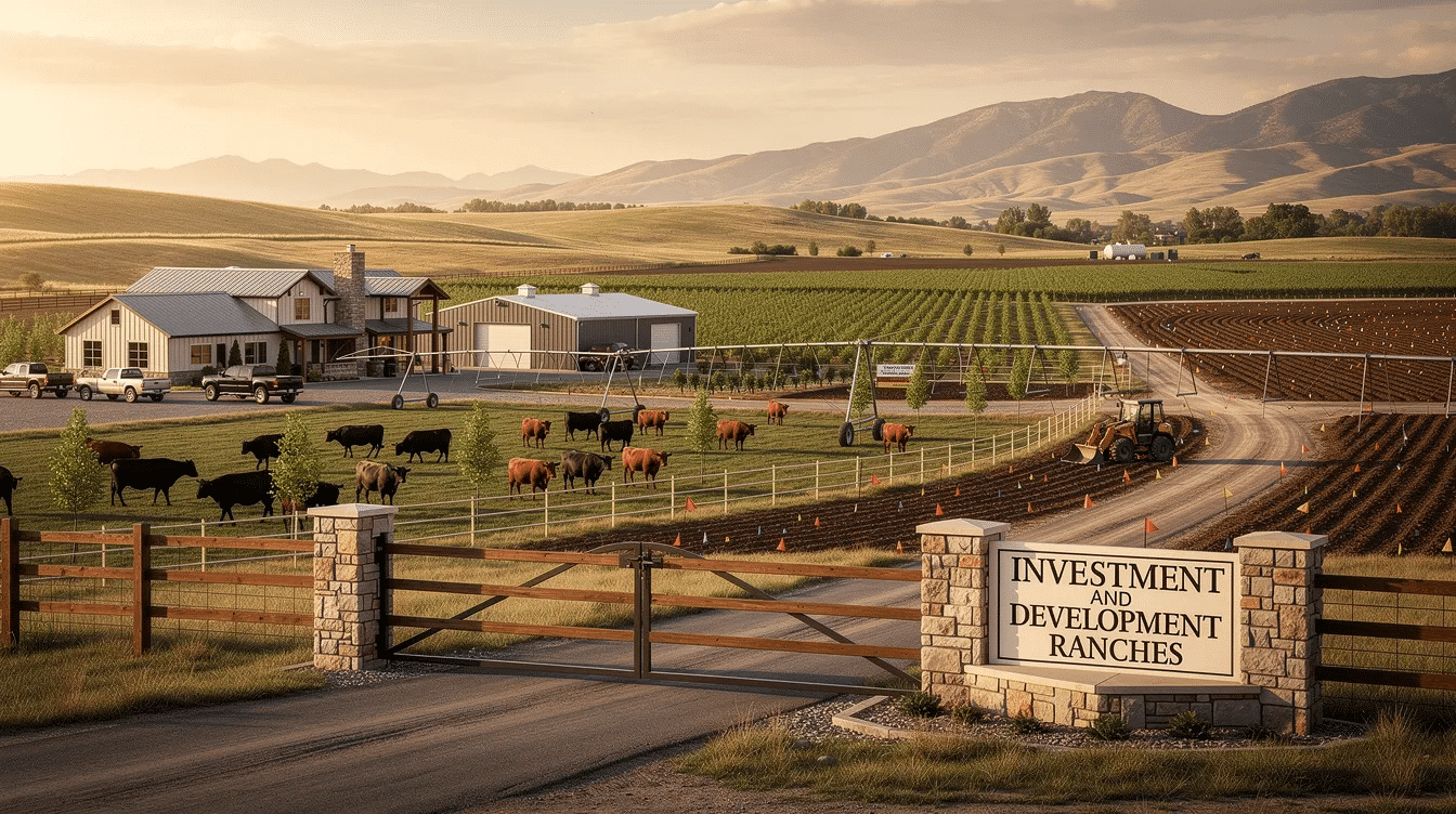 73cc1757-bf1b-4327-a9f4-d9a29b4c87d6 - Ranch Style Homes USA The image depicts a scenic view of investment and development ranches in Texas, showcasing vast stretches of land with beautiful landscapes. The scene emphasizes the appeal of real estate listings in areas like Houston, Austin, and Dallas, where prospective buyers can find detailed information about available properties for sale.