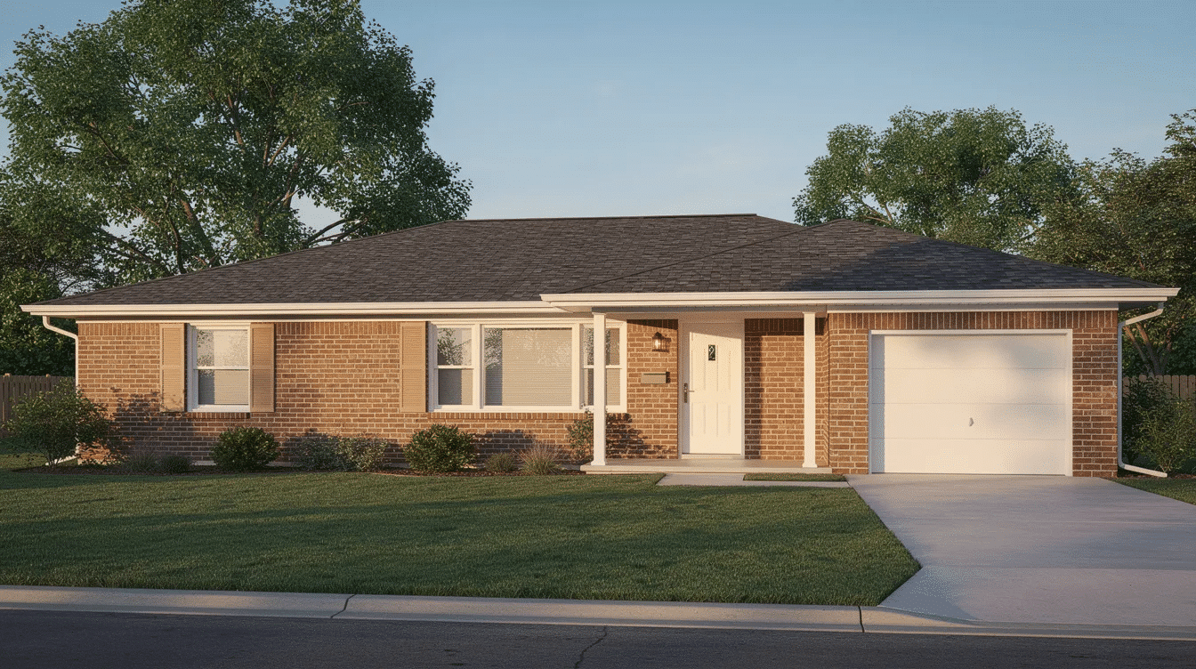 The image features a brick ranch house without shutters, showcasing a modern design with large windows that enhance its curb appeal. Surrounded by natural landscaping, the single-story home's exterior exudes a welcoming vibe, inviting visitors to appreciate its attractive features and inviting entryway.