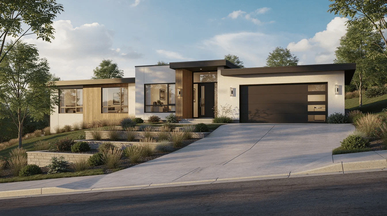 The image depicts a contemporary split ranch home featuring a low roofline and an attached garage, set on a gently sloping lot. This architectural style emphasizes a spacious layout, ideal for families, with separate areas for the master suite and additional bedrooms, promoting greater privacy and functionality.