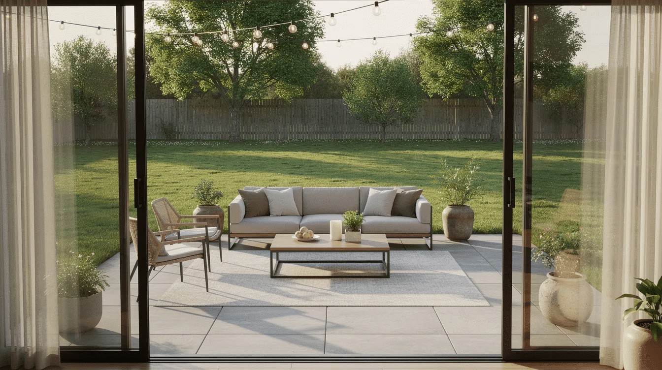 7d00864e-2e41-4a67-903d-b29c37b88212 - Ranch Style Homes USA The image depicts a walk-out patio featuring comfortable outdoor seating that overlooks a lush green backyard, creating a serene outdoor living space perfect for relaxation. This area seamlessly connects to the home, enhancing the open feel of the atrium ranch design.