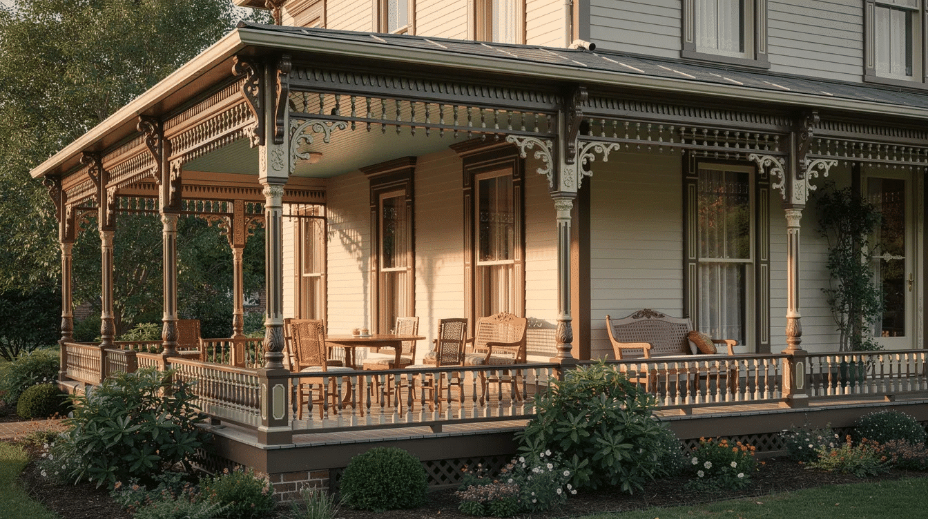 7db68299-b281-41a6-a9d2-4395cd43a4f4 - Ranch Style Homes USA The image features a stunning Victorian house with an ornate wrap-around porch, showcasing intricate gingerbread trim and turned spindles that highlight its historic character. The spacious outdoor living area is designed for comfort, complete with elegant outdoor furniture and potted plants, creating a warm and inviting space for family and guests to relax.