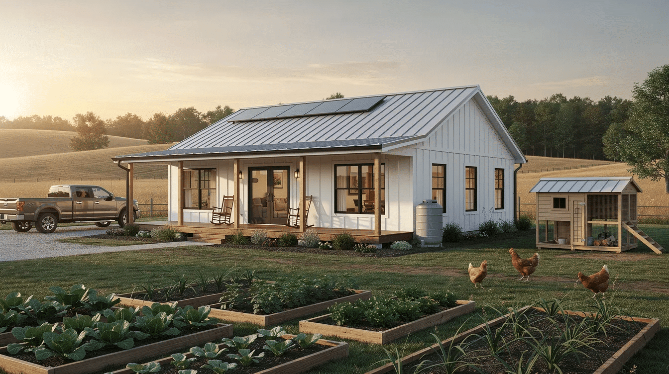 7e02f3e4-2d3a-4f48-ba49-94fd12230a0a - Ranch Style Homes USA A modern homestead house features a sleek design with large windows and a spacious layout, ideal for families. The property includes a car garage, multiple bedrooms and bathrooms, and an inviting kitchen that provides plenty of storage and comfort for guests.