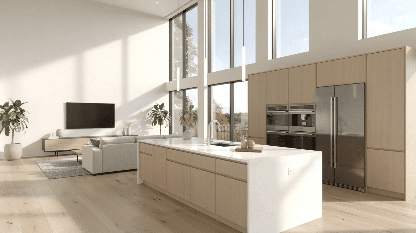 81d90ea3-b5a7-44c7-aeba-d76f9ab293e3 - Ranch Style Homes USA The image depicts a spacious open concept kitchen and living room featuring high ceilings and large windows, creating a bright and airy atmosphere. This layout exemplifies the beauty and functionality of modern ranch house plans, offering ample usable space for family gatherings and outdoor living areas.