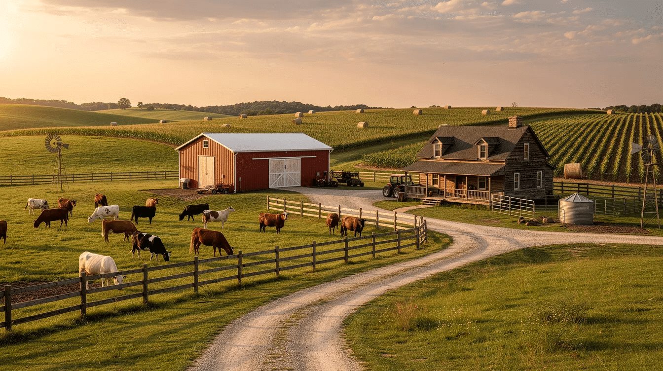 835967c2-f9f7-4b6a-a05b-be88b11d0d13 - Ranch Style Homes USA The image depicts a picturesque ranch in a rural setting, featuring rolling grasslands and fenced pastures ideal for livestock. This property, located in the American West, offers great access to abundant wildlife and recreational land, making it perfect for hunting and farming operations.
