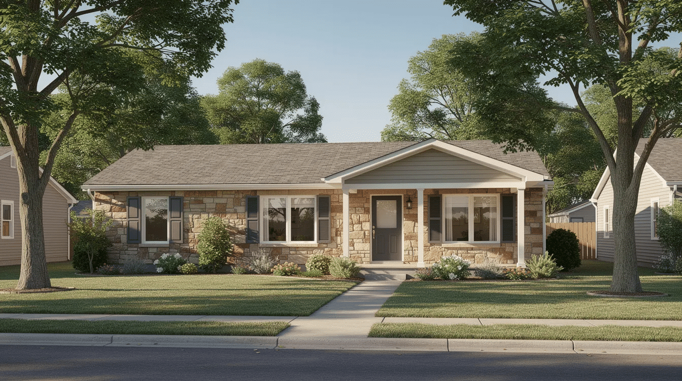 83e66ac8-f578-48d3-b221-848c836670b2 - Ranch Style Homes USA The image depicts a charming ranch style home featuring a decorative stone facade and traditional shutters, nestled in a mature suburban neighborhood. This single story ranch house showcases key features such as large windows and an attached garage, embodying the popular architectural style that emphasizes open floor plans and a welcoming atmosphere.