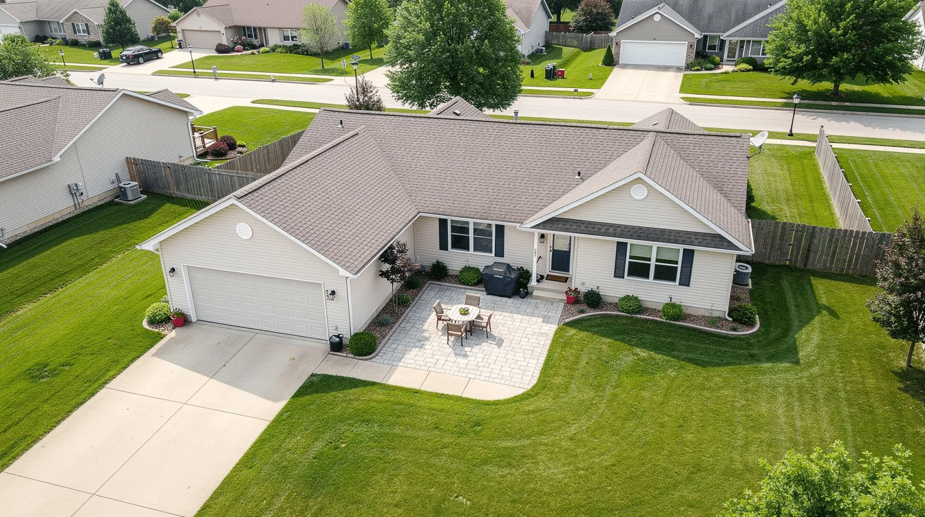 843bca14-01d8-4335-9e33-e21aed971f09 - Ranch Style Homes USA An aerial view showcases a single-story T-shaped ranch home featuring a spacious attached garage and a rear patio, surrounded by greenery. This ranch style modular home is designed with large windows for natural light and an open concept floor plan, making it a perfect fit for family living.