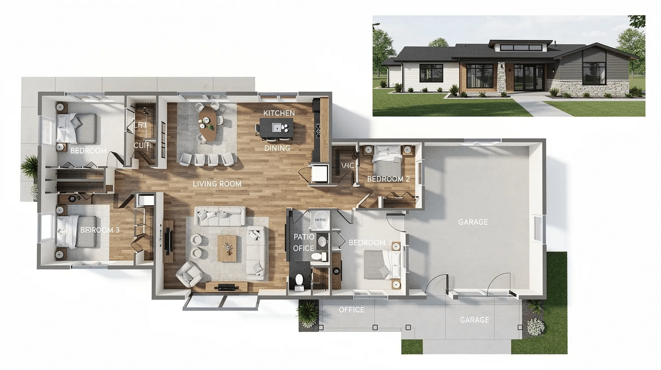 84f34082-d923-44a6-aaa3-7cfeee137d36 - Ranch Style Homes USA This image showcases modern ranch style home plans featuring spacious layouts with three bedrooms, a great room, and large windows that invite natural light. Designed for young families and empty nesters alike, these one-level living house plans emphasize comfort, flexibility, and a lifestyle that blends indoor and outdoor spaces seamlessly.