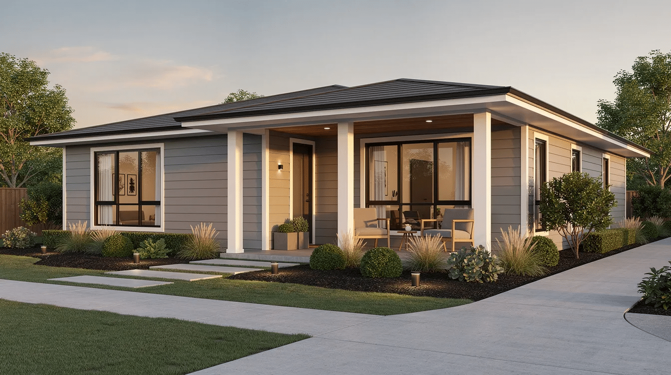 This image showcases an updated ranch style home featuring modern siding, a covered front porch, and contemporary landscaping. The design highlights the seamless indoor outdoor living with large windows and sliding glass doors, perfect for family gatherings in both rural and suburban settings.