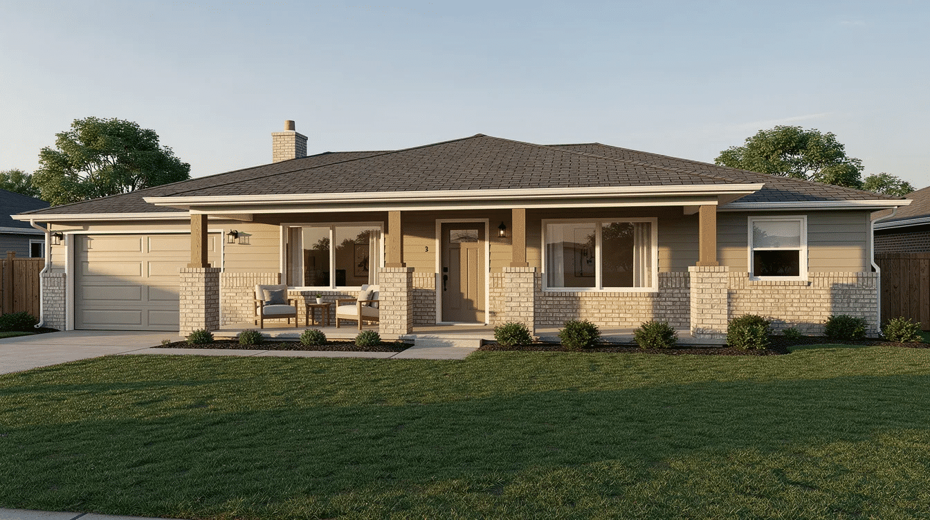 87efc1eb-8e80-454c-8173-2ae0bad144fb - Ranch Style Homes USA The image features a charming ranch-style house with a simple covered front porch, showcasing clean lines and minimal ornamentation. The porch is designed for outdoor living, providing a comfortable space with ample room for seating, enhancing the home's curb appeal while maintaining its low-profile silhouette.