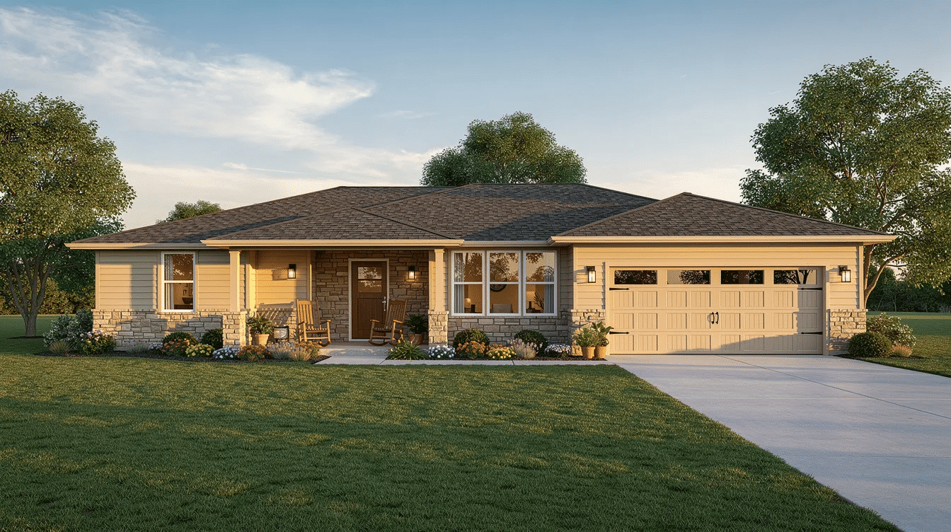 8809fd9e-63fe-45a1-b21a-936f7fae15b8 - Ranch Style Homes USA This image showcases a beautifully designed ranch-style home featuring a spacious layout with large windows that invite natural light into the great room and dining area. With three bedrooms and one-level living, this modern ranch offers comfort and convenience for families and empty nesters alike.