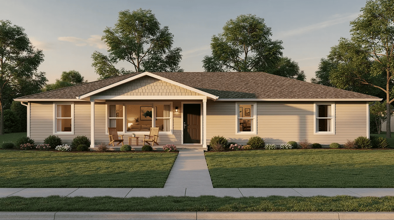 This image depicts a ranch style home characterized by its single story layout and low pitched roof, showcasing large windows that invite natural light into the spacious living areas. The design features seamless indoor outdoor living with sliding glass doors leading to outdoor spaces, making it an excellent choice for families in both rural and suburban settings.