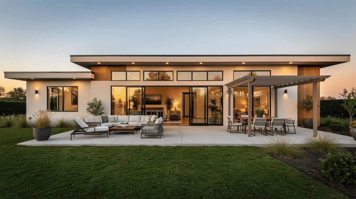 The image depicts a ranch style home featuring large windows and sliding glass doors that open to a spacious patio area furnished for outdoor living. This single story layout emphasizes seamless indoor outdoor flow, making it ideal for family gatherings in both rural and suburban settings.