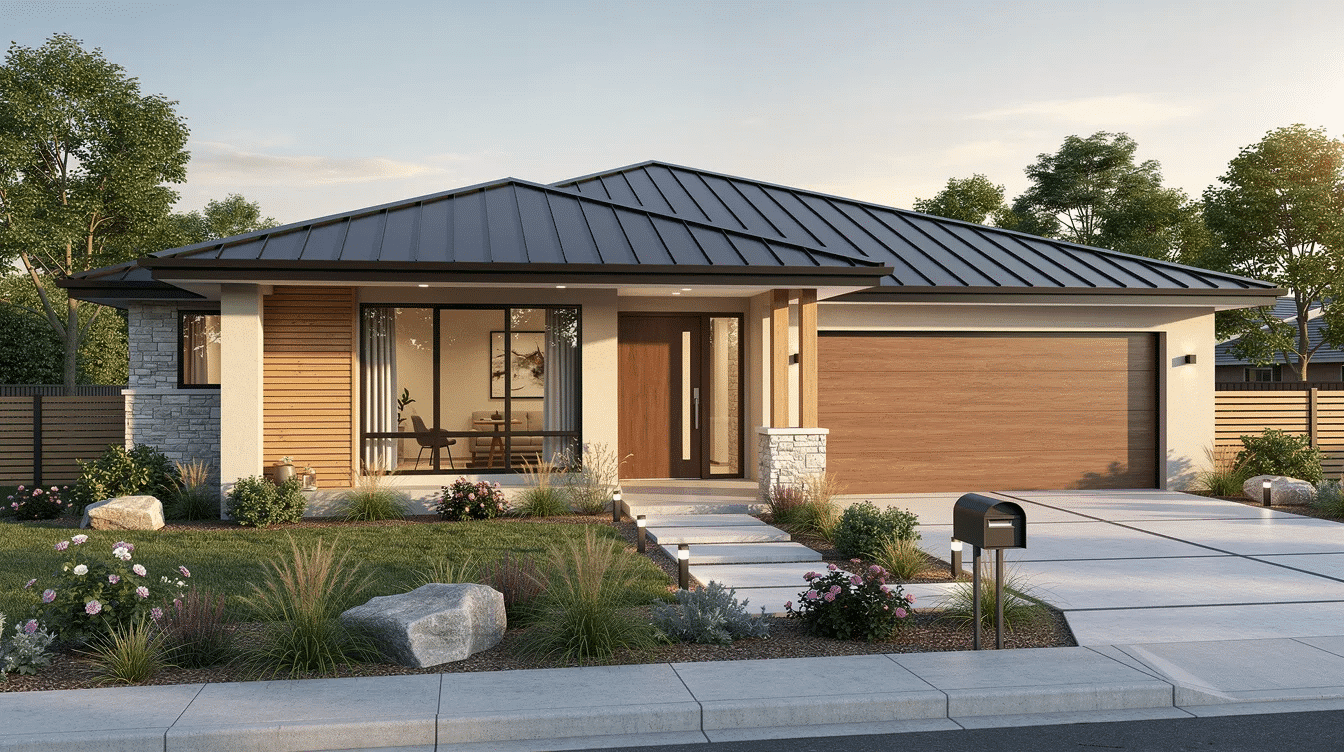 904a956d-ee5a-485d-9e4f-d34d9b7e1426 - Ranch Style Homes USA The image showcases a low pitch roof ranch house featuring a modern exterior design with a front porch and large windows that allow for ample natural light. The house is complemented by an attached garage and rustic landscaping, creating a welcoming and functional space.