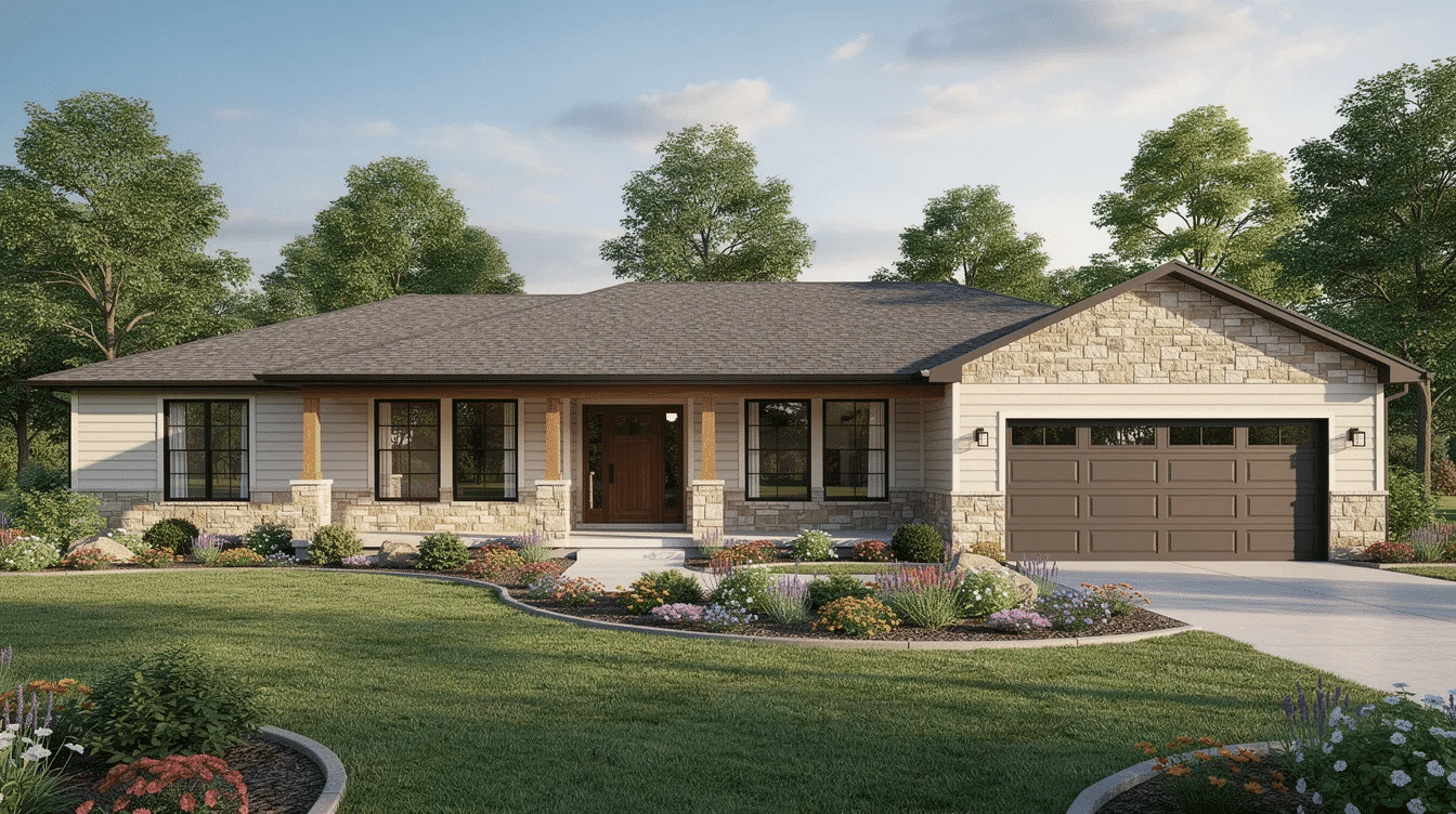 This image showcases a detailed floor plan of a 5-bedroom ranch house, highlighting an open floor plan that includes a spacious living area, kitchen with a walk-in pantry, and a layout that features a walkout basement. The plan provides dimensions and general notes for customization, making it ideal for those looking to build their dream home.