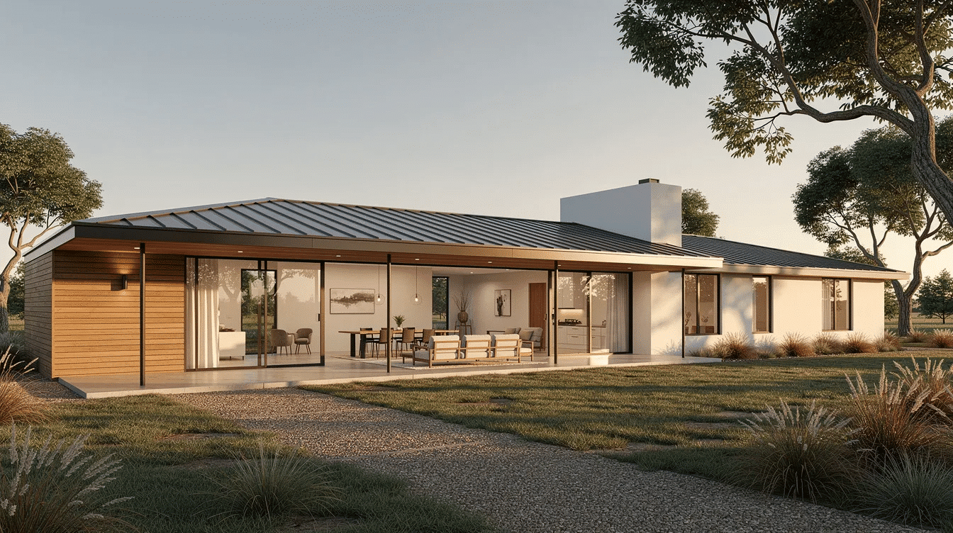 939282c8-69e0-43f2-a08d-f46aa91d6cd8 - Ranch Style Homes USA The image showcases a modern ranch house featuring a sleek, single-story layout with large windows that invite natural light into the open floor plan. The design emphasizes seamless indoor-outdoor living with sliding glass doors leading to inviting outdoor spaces, perfect for entertaining and enjoying the natural surroundings.