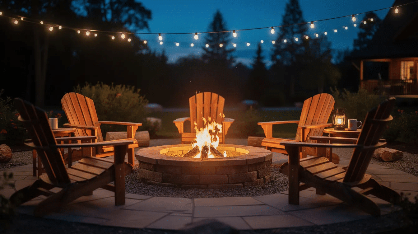 96408e33-8e48-4c43-948c-260a2705fb45 - Ranch Style Homes USA The image depicts a cozy evening scene at a communal fire pit area in the Texas Hill Country, featuring string lights that create a warm ambiance and Adirondack chairs arranged around the fire, inviting guests to relax and enjoy the serene escape. The backdrop of trees enhances the tranquil atmosphere, making it a perfect getaway for friends and family.