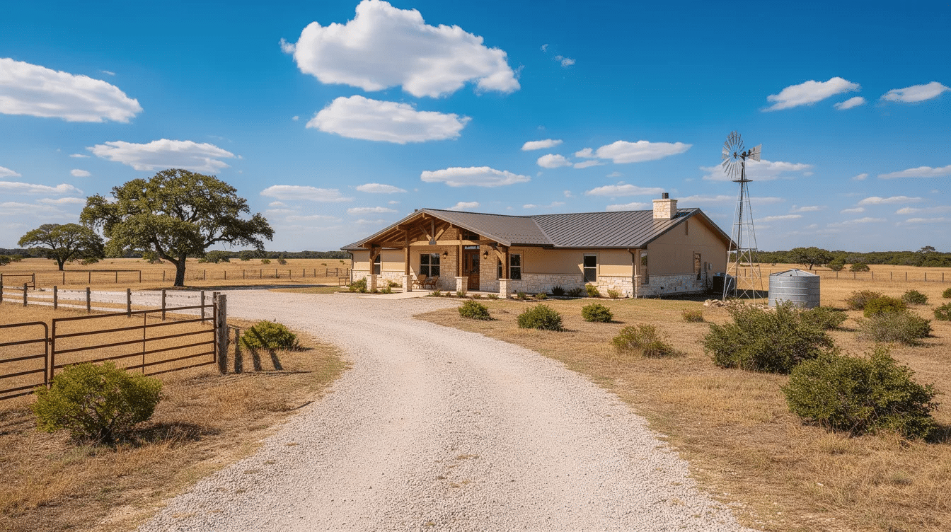 97110512-c9fe-442b-82c6-839ada0bb51a - Ranch Style Homes USA The image depicts a picturesque Texas ranch home nestled in the hilly terrain of the Texas Hill Country, surrounded by sprawling ranch land and abundant wildlife. This ideal property showcases the charm of ranch ownership, with a cozy cabin and open fields perfect for livestock and recreational activities.