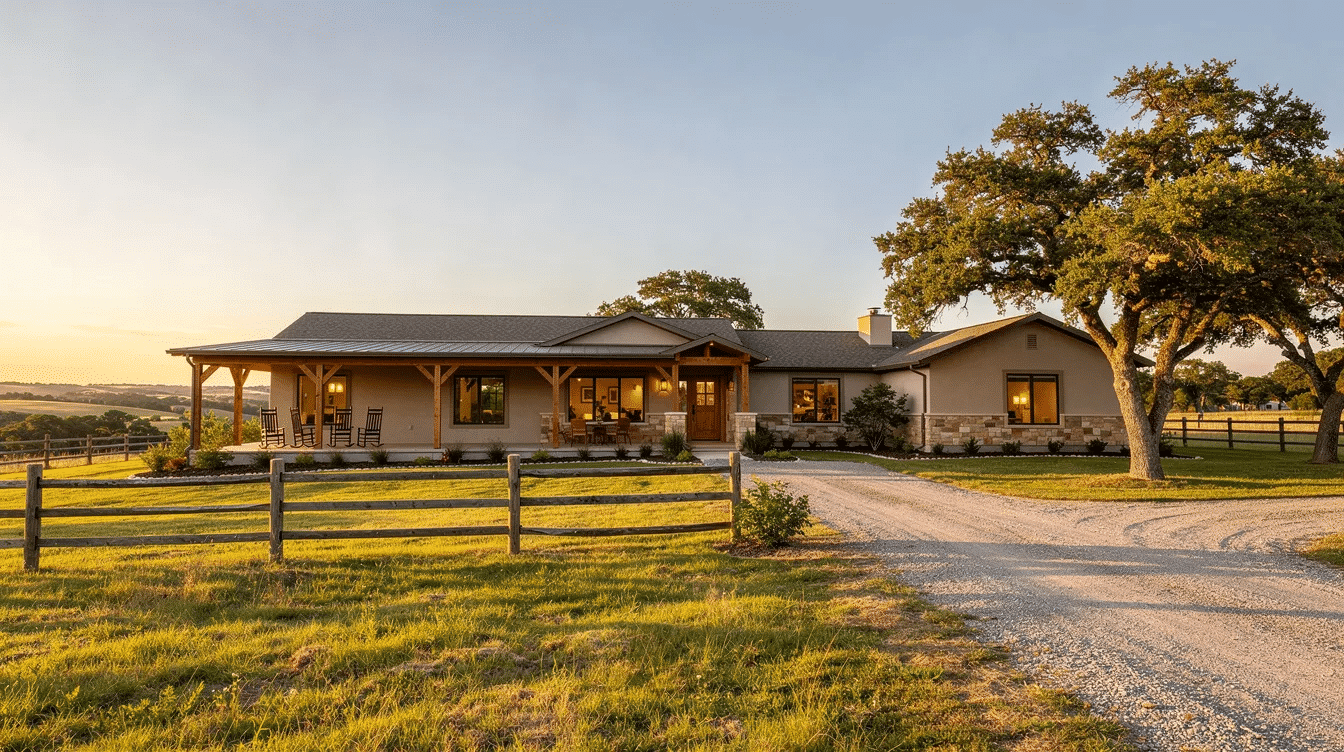 The image depicts a serene ranch landscape in Texas, showcasing rolling hills under a wide-open sky, with a dirt road leading through the tranquil scenery. This idyllic property, perfect for investment or a peaceful getaway, offers ample opportunities for farming and recreation amidst the natural beauty of the area.