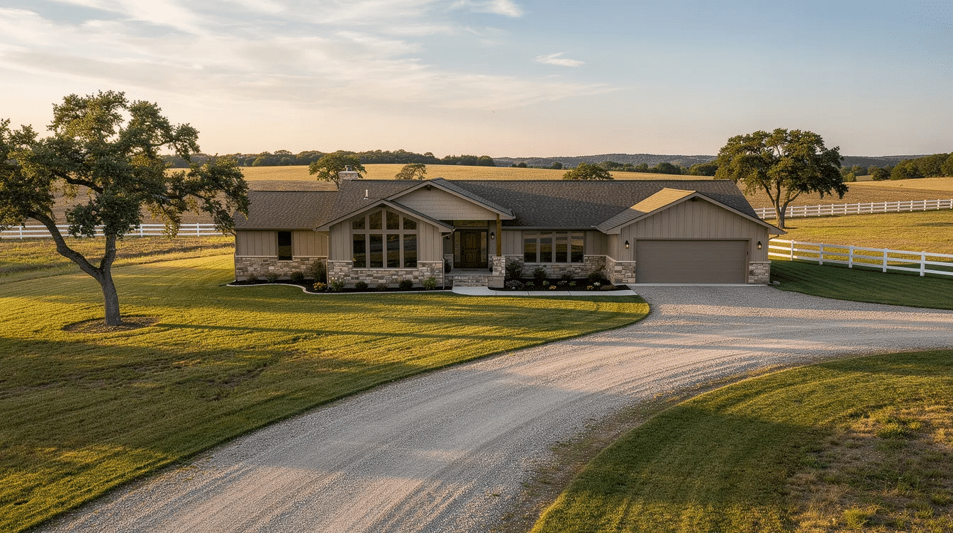 The image depicts a split ranch home featuring a split bedroom layout, with the master suite on one side and additional bedrooms on the other, providing greater privacy for families. The open floor plan includes a spacious living area that flows into a formal dining room, showcasing the home's architectural style and functionality.
