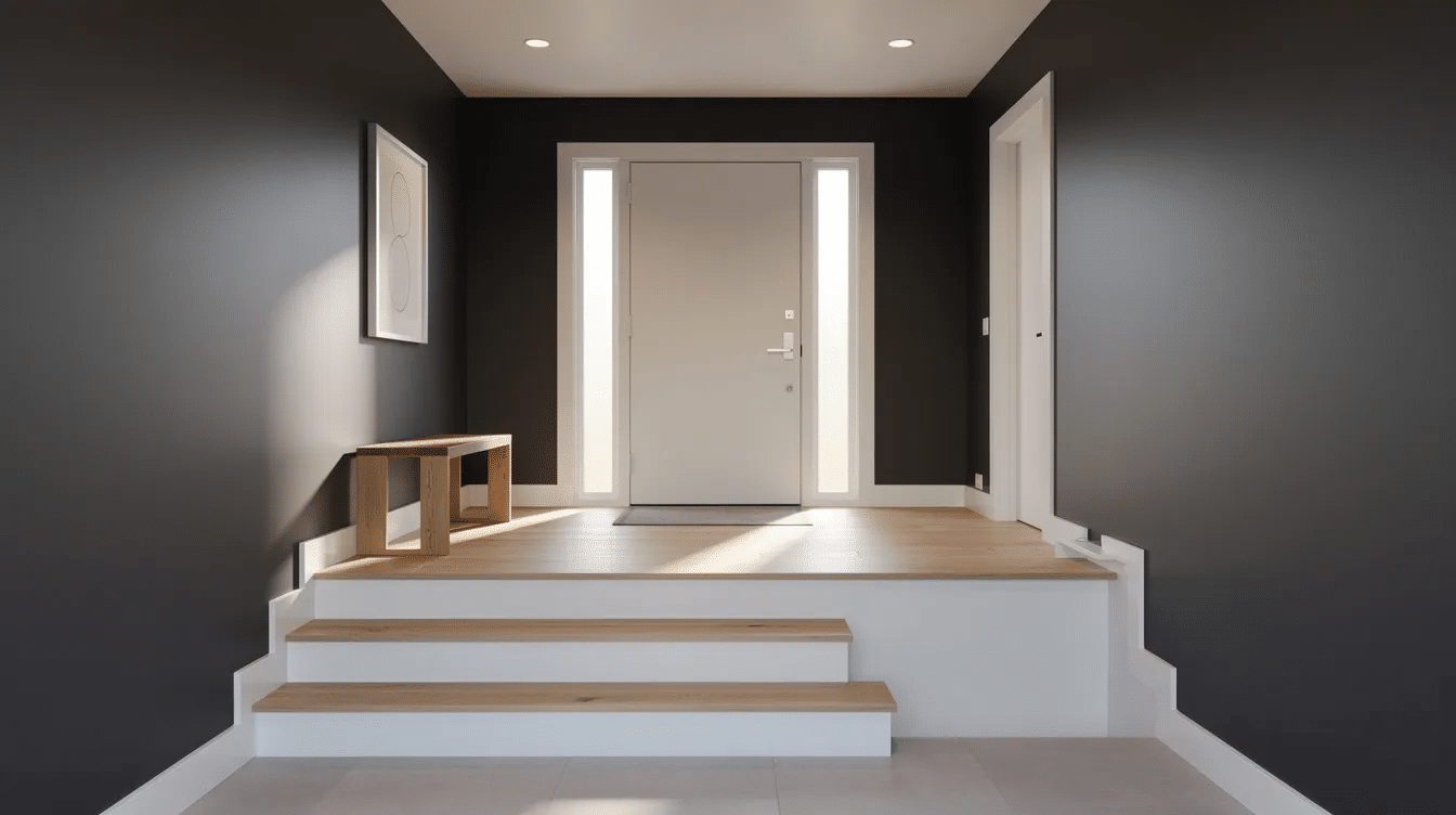 9c415919-a636-476d-afeb-3d6779b3a37d - Ranch Style Homes USA The image depicts a stylish raised ranch entryway featuring deep charcoal walls and white trim, illuminated by natural light filtering through a sidelight next to the front door. This functional space showcases a cozy atmosphere perfect for a split level entryway remodel, inviting guests into the home.