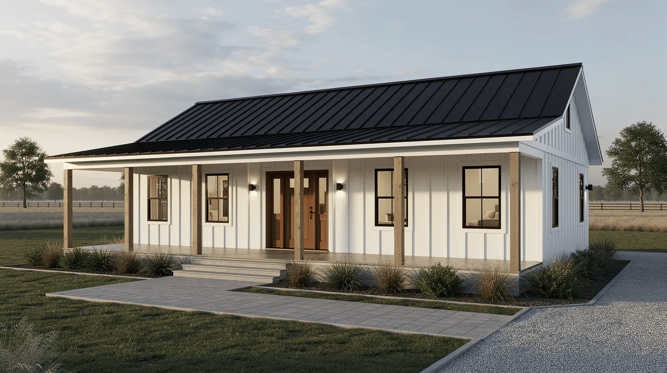 The image features a modern ranch farmhouse showcasing white board-and-batten siding, complemented by black window frames and a welcoming covered front porch. This single-story design embodies the timeless appeal of ranch style homes, offering seamless indoor-outdoor living and spacious outdoor spaces.
