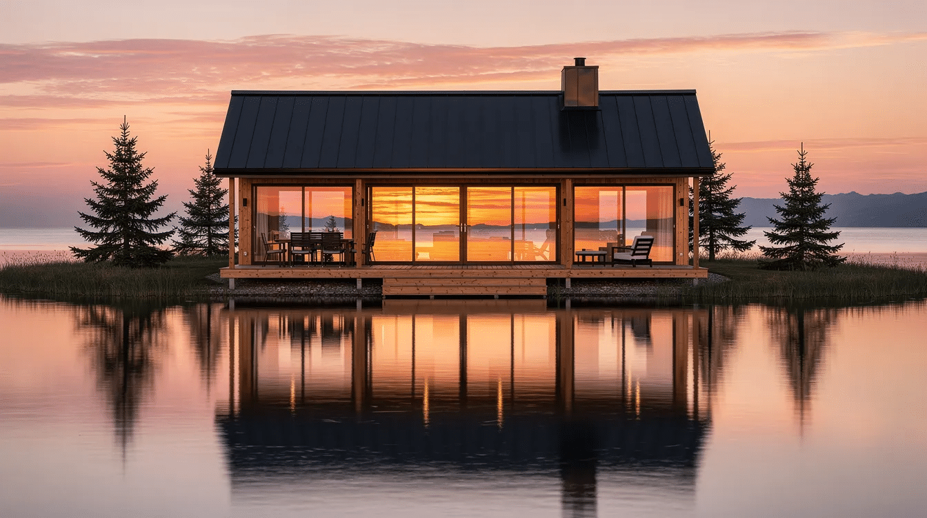 9d39a0ad-c239-4ed0-b5b9-f68c22a8ff61 - Ranch Style Homes USA The image depicts a lakefront ranch cabin featuring a sleek black metal roof, a large deck, and expansive floor-to-ceiling windows that beautifully reflect the sunset over the calm water, embodying the timeless appeal of ranch style homes. The surrounding landscape enhances the outdoor living spaces, making it an ideal choice for homeowners seeking tranquility and functionality.