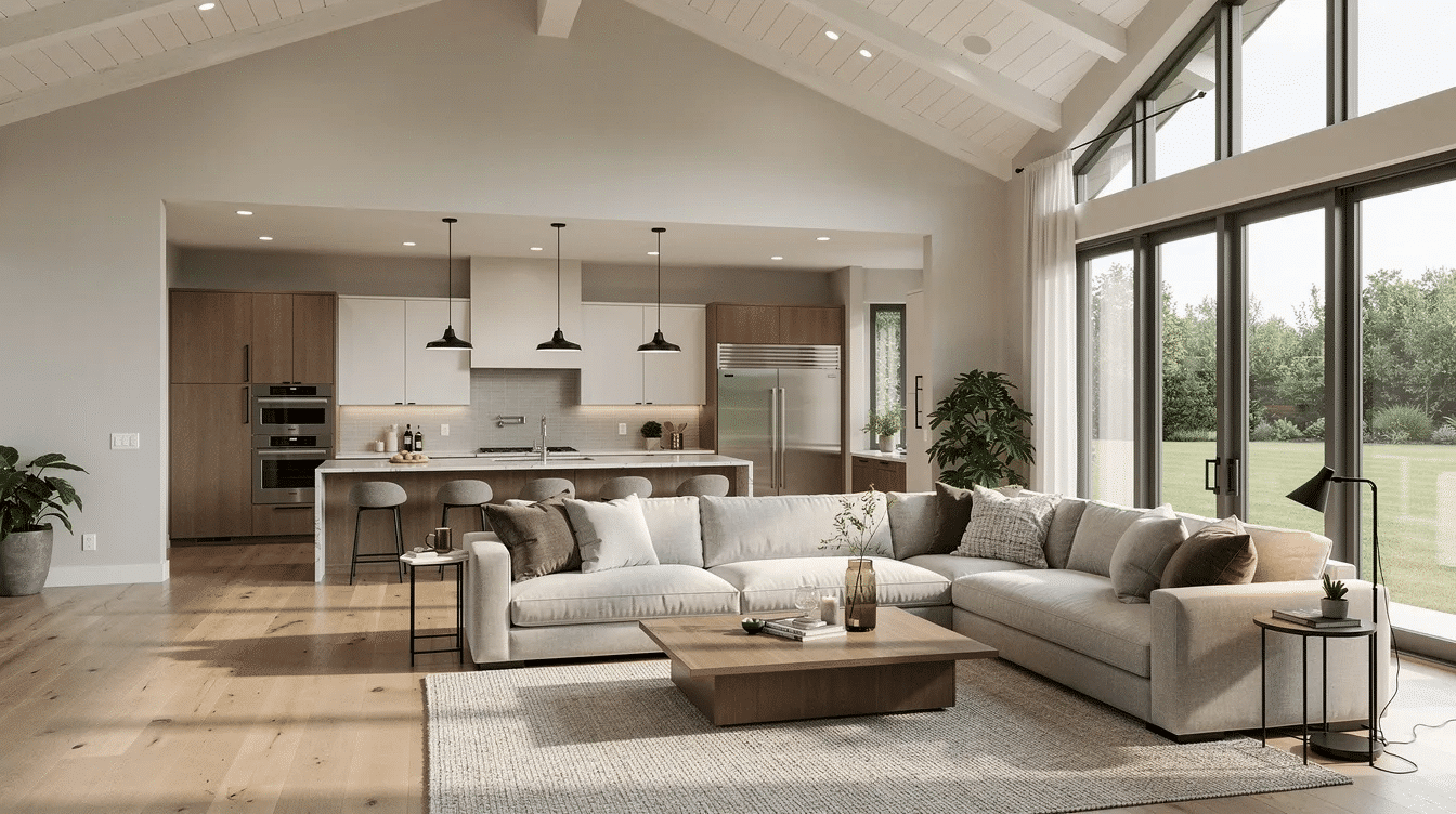 The image depicts the interior of a modern ranch home featuring an open-concept living room and kitchen with vaulted ceilings and large windows, allowing for ample natural light. This spacious layout emphasizes the flow between main living areas, making it ideal for families and entertaining.