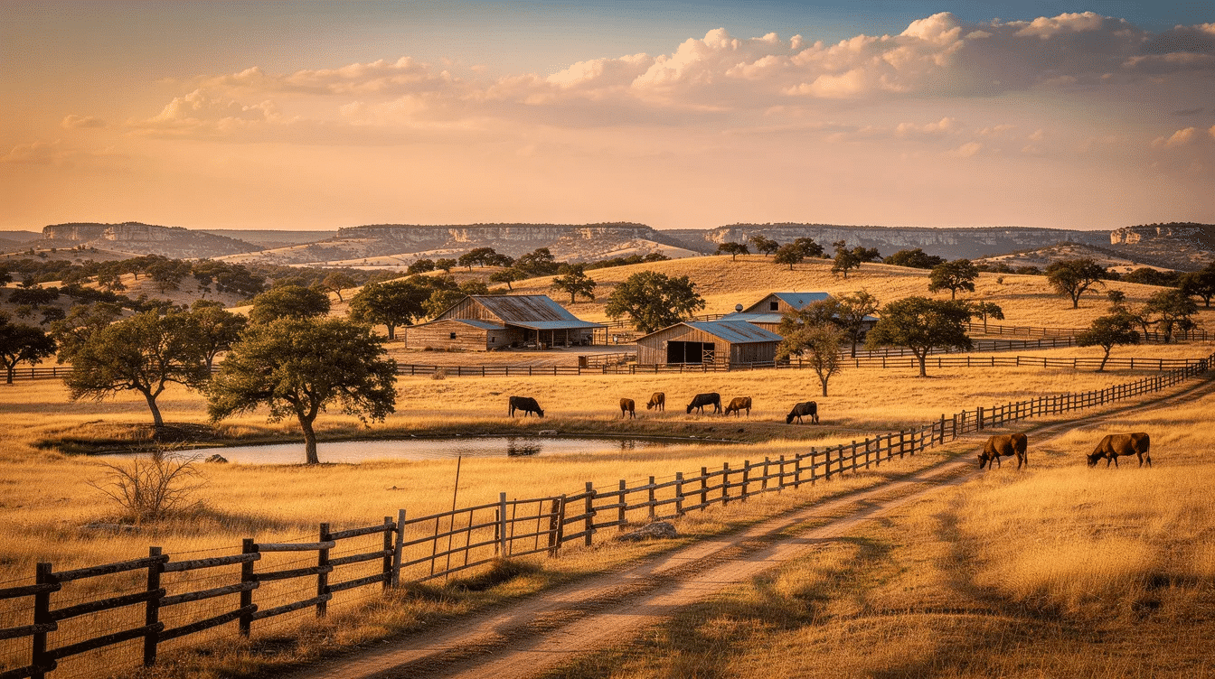 a1f9d159-e5a9-4a2f-a35c-2ecb005a5cc6 - Ranch Style Homes USA The image depicts a vast expanse of large Texas ranches, showcasing rolling hills and open pastureland ideal for grazing cattle operations. This picturesque landscape highlights the recreational appeal and investment value of Texas land, making it an attractive option for buyers seeking ranches for sale in the region.