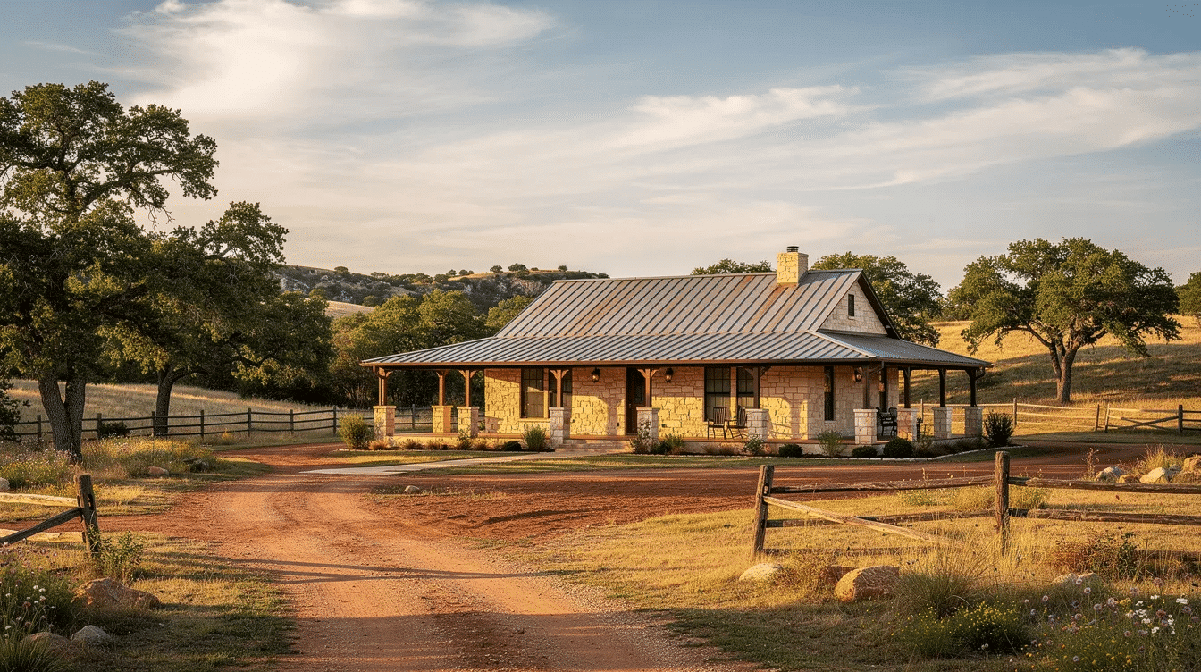 a3a1b25e-8240-4962-b873-8f58d1820c14 - Ranch Style Homes USA The image showcases a historic stone ranch house with deep wraparound porches and a metal roof, elegantly situated against the picturesque backdrop of rolling Texas Hill Country. This architectural gem reflects a connection to nature and history, making it an ideal escape for families seeking tranquility in West Texas.