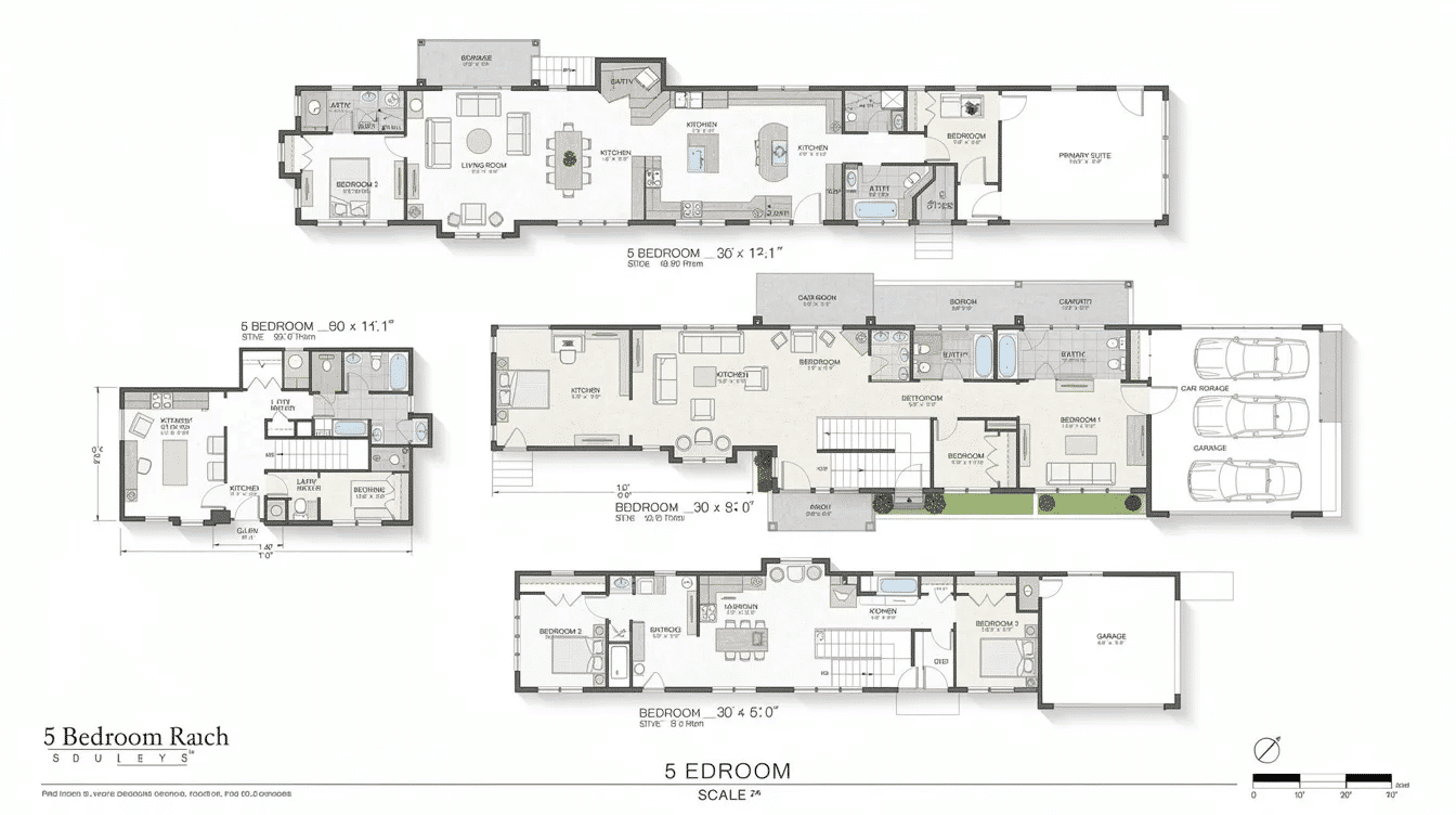 This image showcases a detailed layout of a 5 bedroom ranch style floor plan, featuring an open floor plan that connects the living areas seamlessly. It includes a walk-in pantry, garage, and a walkout basement, with dimensions and general notes that provide essential information for customization and building.