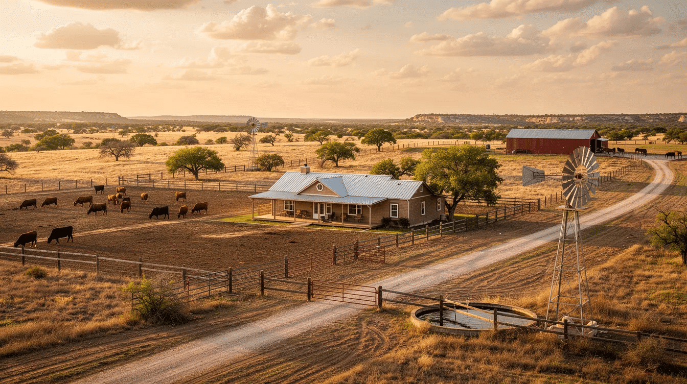 The image showcases a picturesque Texas ranch, featuring rolling hills under a wide-open sky, with a tranquil landscape that highlights the natural beauty of the area. This idyllic property is conveniently located with direct dirt road access, making it an exceptional opportunity for investment or a peaceful getaway in Texas.