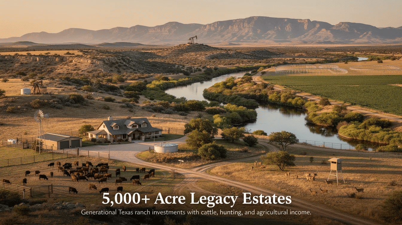 abda84f6-db0b-47da-abc7-fb1e4d0f7088 - Ranch Style Homes USA The image depicts a vast expanse of over 5,000 acres of Texas ranch land, showcasing diverse terrain that includes rolling hills, open pastures, and patches of timber. This large Texas ranch for sale offers exceptional privacy and investment value, ideal for cattle operations, hunting, and family legacy preservation.