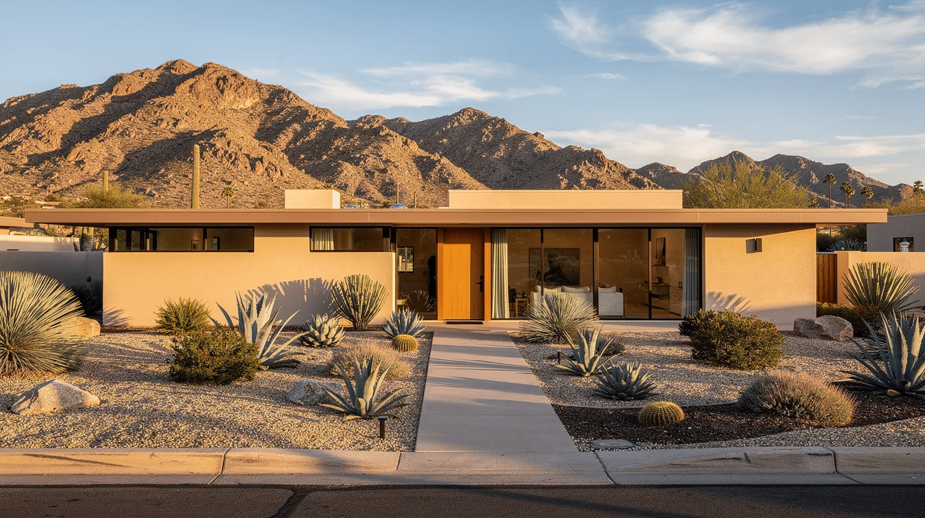 The image depicts a modern ranch style home with a flat roof, featuring a xeriscaped front yard adorned with succulents and gravel, set against a stunning mountain backdrop. This California ranch exemplifies seamless indoor and outdoor living, showcasing the timeless appeal of ranch house plans with its spacious layout and large windows.
