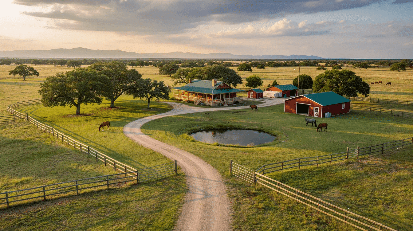 The image showcases a sprawling ranch property in Texas, featuring rolling hills and a tranquil landscape under a wide-open sky. This idyllic land offers direct dirt road access and is perfect for development, with abundant natural beauty and investment potential.