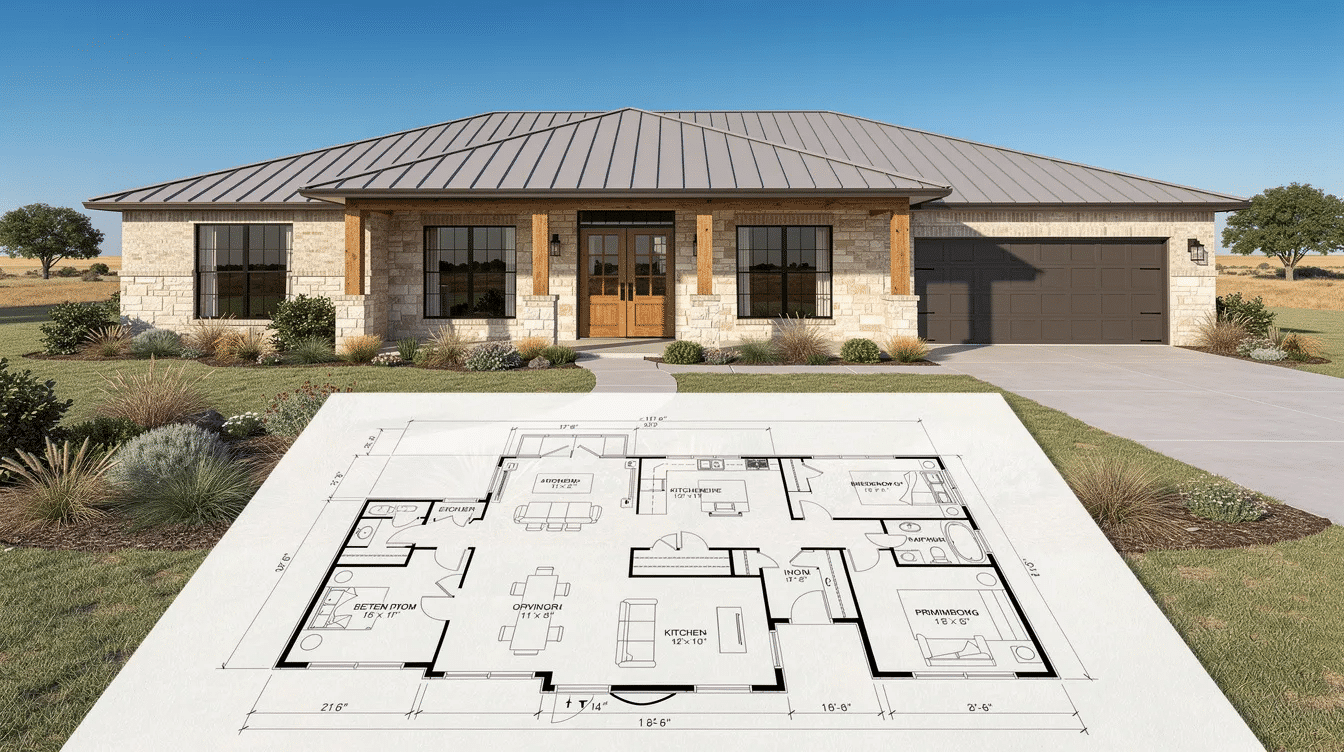 b0da42a6-8aa7-47d5-9550-f7a7d7f09cc9 - Ranch Style Homes USA The image showcases a collection of Texas home design plans, featuring various architectural styles suited for the Texas Hill Country, including modern designs with outdoor living areas. These plans reflect the lifestyle and needs of customers looking to build their dream house in locations like Austin, Dallas, or Houston, with a focus on unique designs that fit the great state's character.