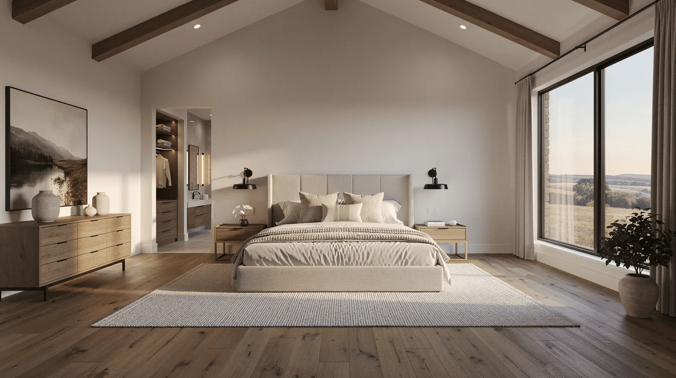 b1102cb5-7e8f-4a0a-8a52-da60e5f8a5d8 - Ranch Style Homes USA The image depicts a spacious bedroom in a 4,000 square foot ranch house plan, featuring large windows that allow natural light to flood the room, enhancing the open concept design. The layout offers plenty of usable space, making it an ideal retreat within this luxurious home.