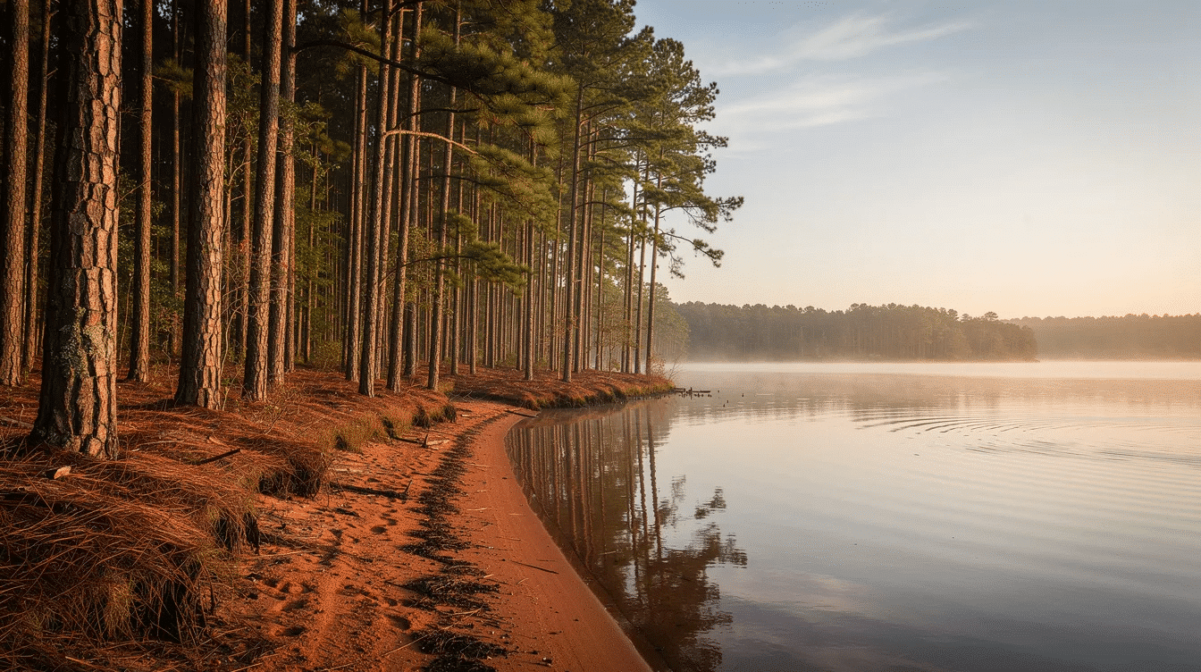 b1a2664c-b639-487f-b049-22b68788b9c0 - Ranch Style Homes USA The image depicts a serene scene of a pine forest gently meeting the calm shoreline of a lake in East Texas, showcasing the natural beauty and tranquil atmosphere of the Texas Hill Country. This picturesque setting offers a perfect spot for outdoor enthusiasts seeking recreational activities and a peaceful retreat in the Lone Star State.