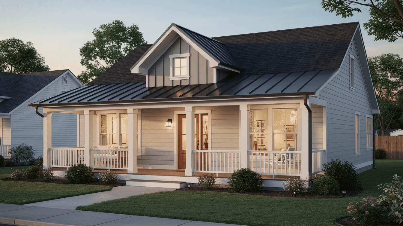 b3bba38a-6e1b-4f4c-906b-0dd46476d37c - Ranch Style Homes USA This image depicts a single-story modern farmhouse plan featuring a covered front porch and metal roof accents. The design emphasizes an open floor plan, ideal for a cozy living space, and showcases exterior materials that enhance the home's charm.