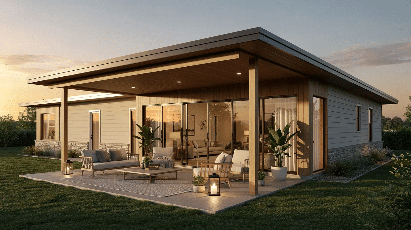 b3c9657d-d3b8-462a-ad11-da322f1a1ff3 - Ranch Style Homes USA The image depicts a stunning modern ranch house featuring a ranch style roof that extends to create a covered patio area, furnished with outdoor seating. Large sliding glass doors enhance the living space, allowing natural light to flood the interior while blending beautifully with the home's warm brown exterior.