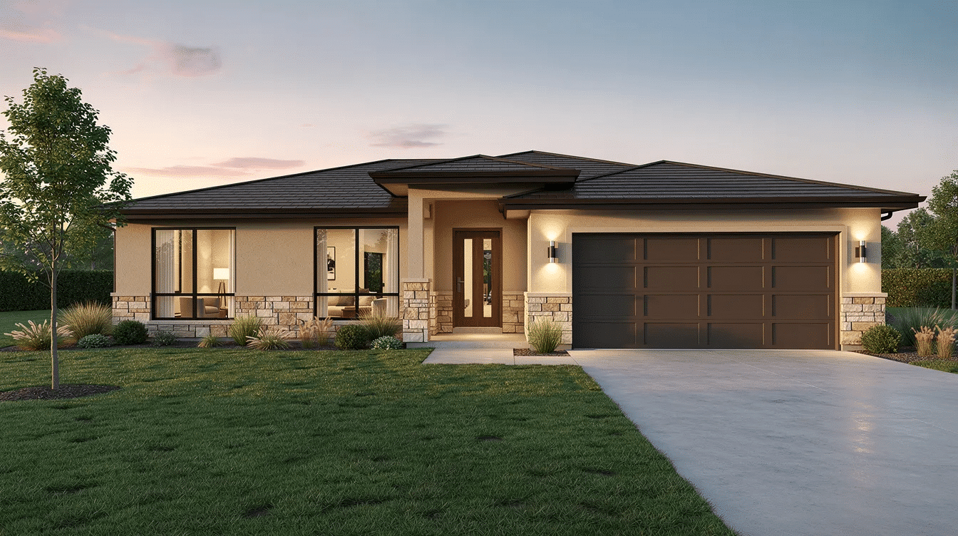 b5e0bda6-d1ce-4ab8-8c3f-bb835ee6e0b9 - Ranch Style Homes USA The image depicts a T Ranch Style Home featuring a spacious open concept floor plan with large windows that invite natural light into the living space. This ranch style modular home includes a master suite with a private bath, three bedrooms, and a large kitchen designed for entertaining, making it a perfect fit for family life.