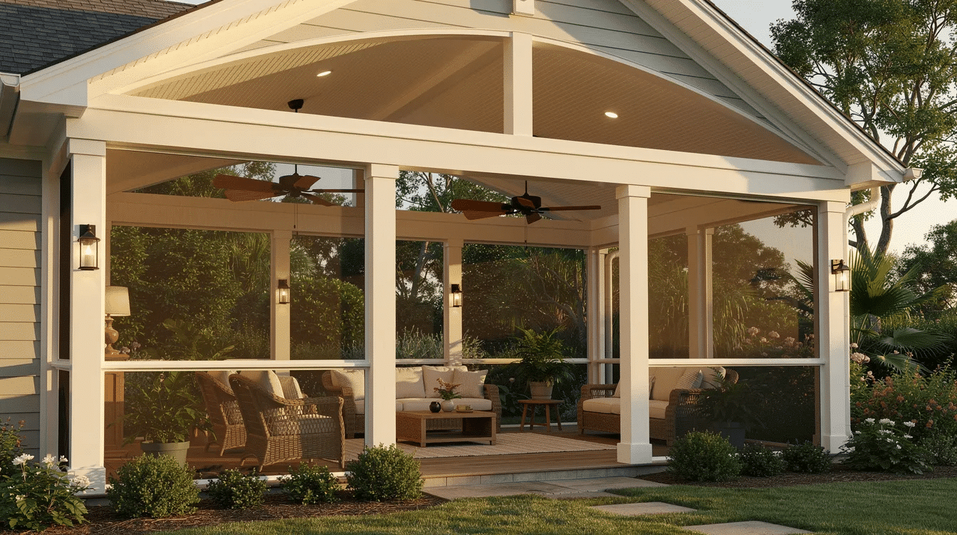 b703e906-b3d1-4439-bc52-c1cb01494cb2 - Ranch Style Homes USA The image depicts a beautiful screened porch designed for year-round comfort, featuring large windows that provide a seamless connection to the outdoor space. Adorned with comfortable outdoor furniture and potted plants, this versatile area serves as a perfect extension of the home's interior, ideal for enjoying outdoor living while being protected from rain and insects.