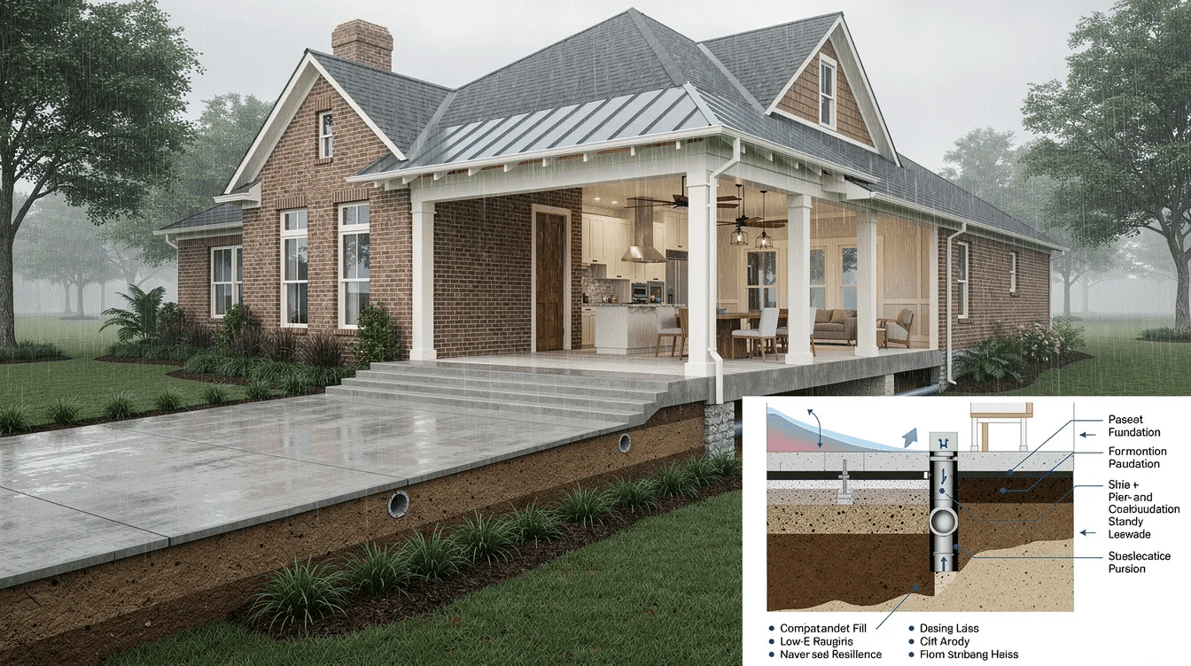 b838b12a-acc1-4f83-a35b-dfb7faa9edc8 - Ranch Style Homes USA The image showcases a collection of traditional colonial and Acadian-style texas house plans, featuring brick veneer exteriors and elevated foundations designed for Southeast Texas' humid climate. The designs include open floor plans with high ceilings and covered porches, emphasizing outdoor living areas and hurricane-resistant construction suitable for the region's storm exposure.