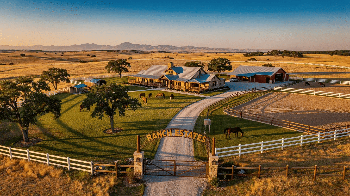 b9610418-7fa0-48bb-b686-9a23c2593075 - Ranch Style Homes USA The image depicts a picturesque ranch estate, showcasing elevated residential communities amidst a vibrant landscape, inviting residents to embrace a lifestyle of exceptional senior living. The scene captures the essence of grace management, highlighting the outdoor courtyard and fitness center that contribute to a vibrant lifestyle waiting for all the children and families.