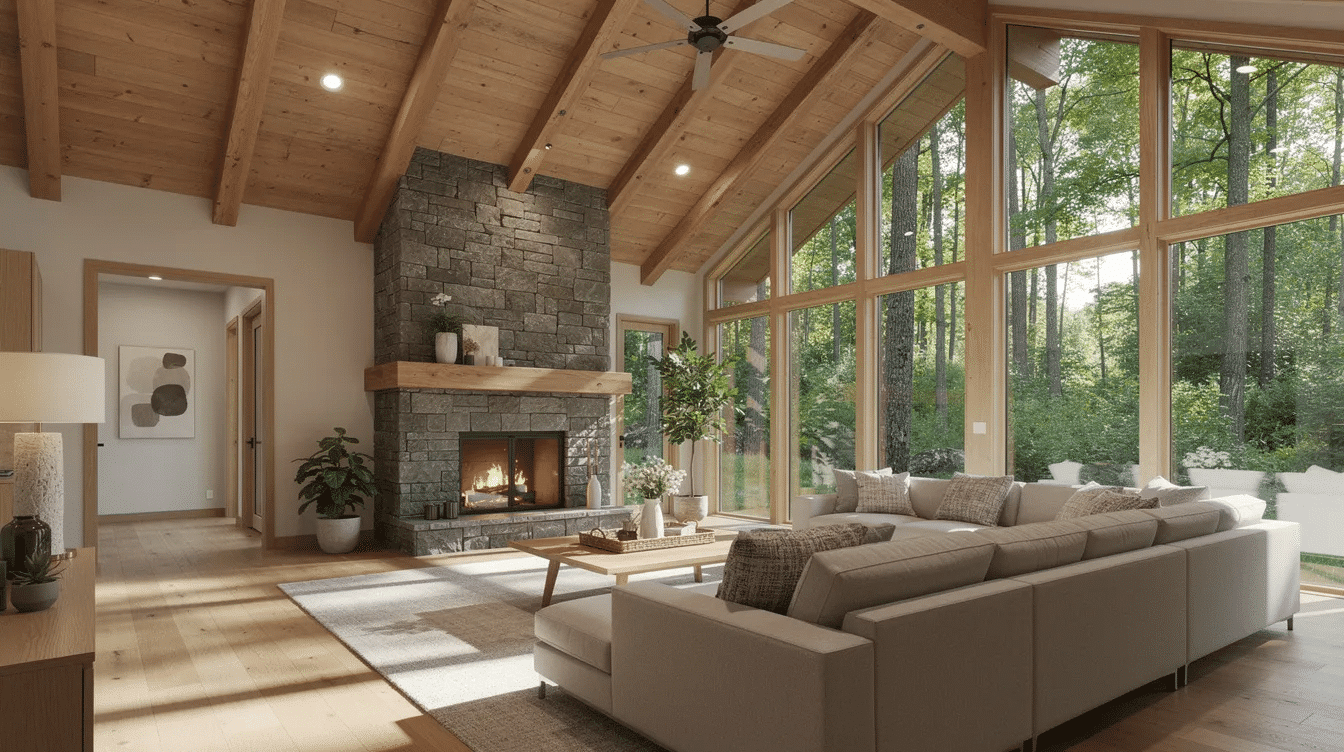 bb386e13-5d7d-4236-b605-5ba637319998 - Ranch Style Homes USA The image depicts an open concept living room featuring a vaulted wooden ceiling, a large stone fireplace, and expansive windows that provide a stunning view of the surrounding forested landscape. This spacious area exemplifies the timeless appeal of ranch style homes, ideal for natural light and outdoor living spaces.