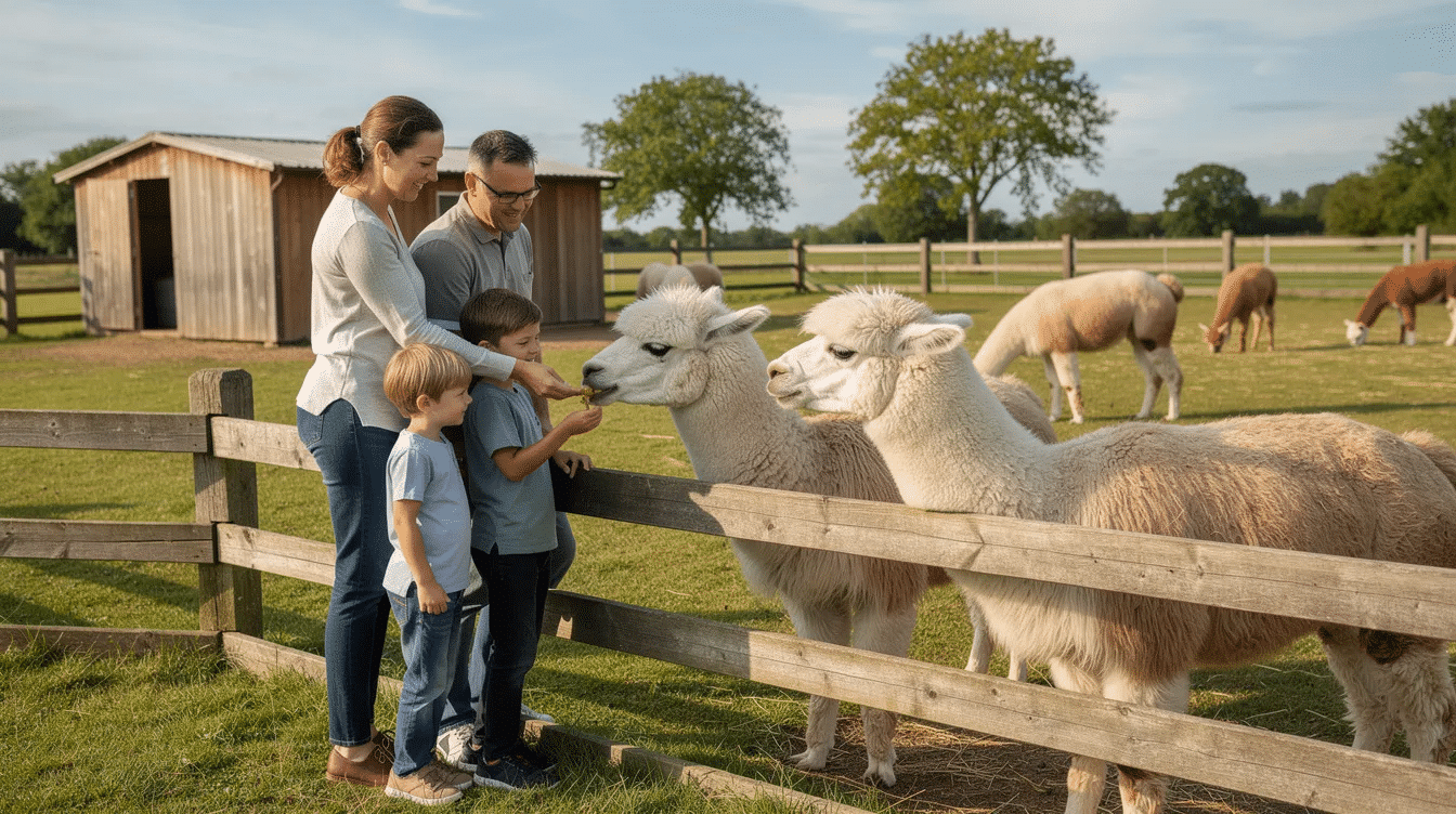 be0393ed-7662-4124-b4dd-987396e65831 - Ranch Style Homes USA A family is enjoying a fun day at a small farm in New Jersey, gently petting friendly alpacas through a wooden fence. This charming ranch offers a unique experience for visitors looking to learn more about farm life and the joy of interacting with animals.