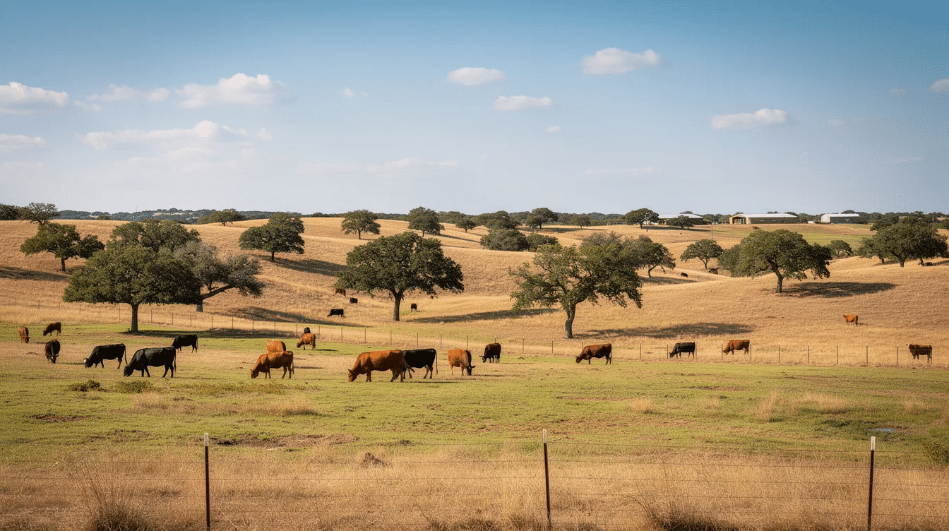 becb94f0-04eb-4b0e-965f-a61ae48387f6 - Ranch Style Homes USA A wide landscape view of a Texas ranch showcases rolling hills dotted with oak trees and grazing cattle beneath a clear blue sky, capturing the essence of the Texas Hill Country and its diverse wildlife. This idyllic ranch property exemplifies the perfect investment opportunity for buyers seeking land for sale in Texas.