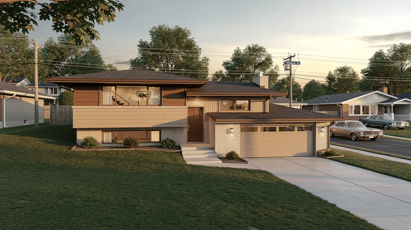 c0dea8b0-a30e-4ab4-9f21-dda5452cfd25 - Ranch Style Homes USA The image depicts a split-level ranch house, showcasing its staggered living spaces across two levels connected by half flights of stairs. This architectural style, popular in 1950s–1970s suburbs, features large windows, an attached garage, and a modern design that maximizes space on modest lots.